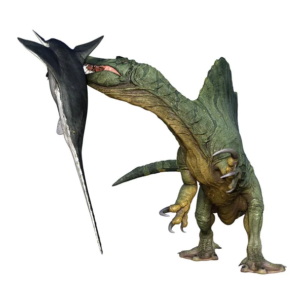 3D rendering dinoszaurusz Spinosaurus és Onchopristis halak fehér — Stock Fotó