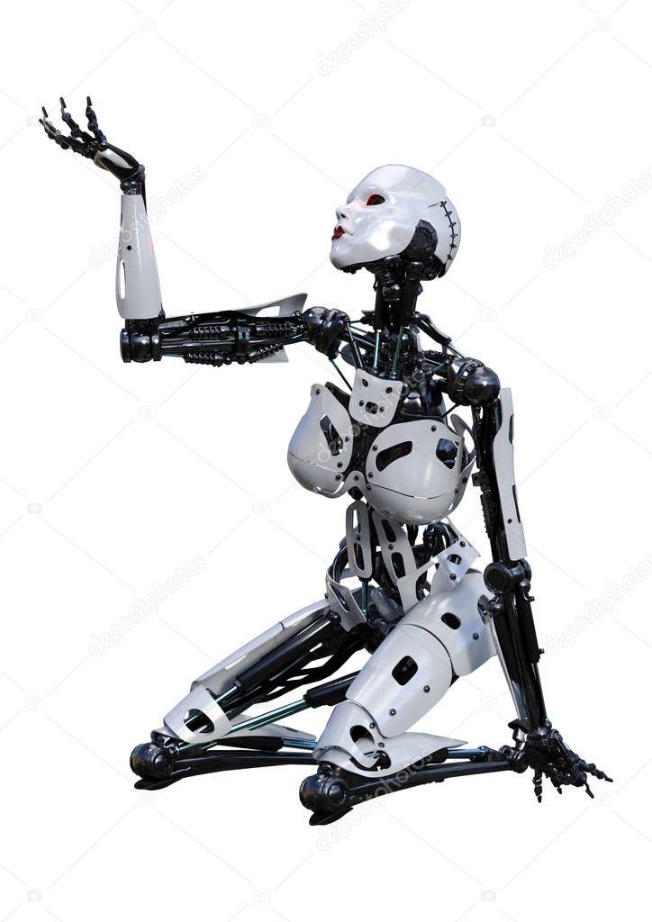 3D Rendering Female Robot on White