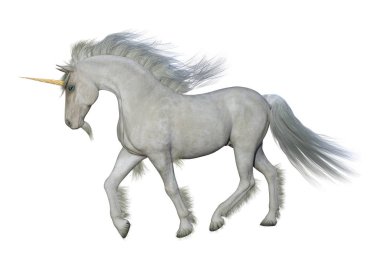3D render peri masalı tek boynuzlu at üzerinde beyaz beyaz