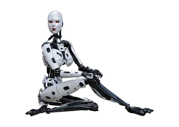 3D Rendering หุ่นยนต์หญิงบนสีขาว — ภาพถ่ายสต็อก