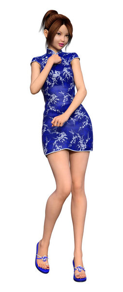 3D Rendering Asian Girl on White