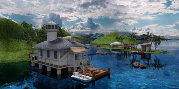 Casa de renderização 3D no mar — Fotografia de Stock