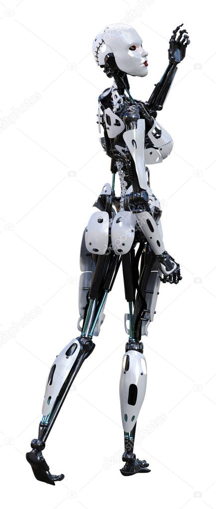 3D Rendering Female Robot on White