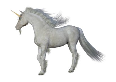 3D render peri masalı tek boynuzlu at üzerinde beyaz beyaz