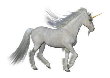 3D render peri masalı tek boynuzlu at üzerinde beyaz beyaz