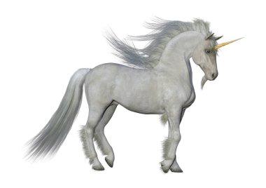 3D render peri masalı tek boynuzlu at üzerinde beyaz beyaz