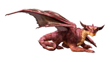 Beyaz arka planda izole edilmiş bir fantezi ejderhanın 3 boyutlu canlandırması