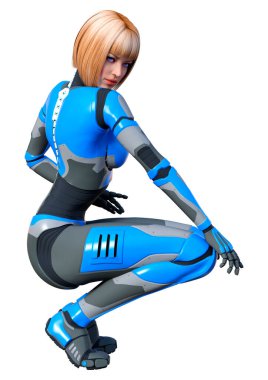 Beyaz arka planda izole edilmiş bir kadın robotun 3 boyutlu canlandırması