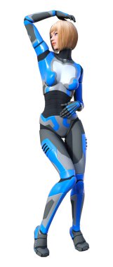 Beyaz arka planda izole edilmiş bir kadın robotun 3 boyutlu canlandırması