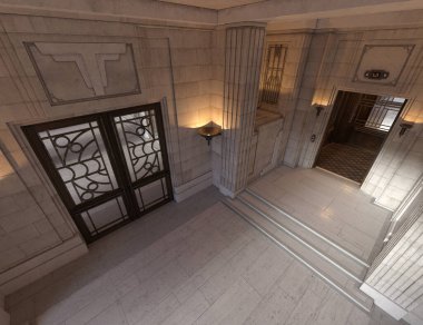 Bir sanat deco stili lobi girişinin 3 boyutlu canlandırması