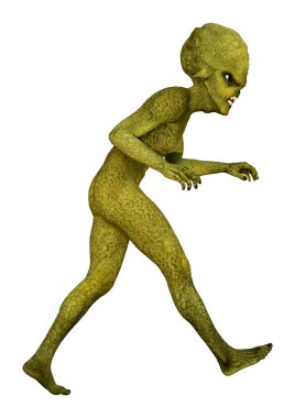 Beyaz arka planda izole edilmiş yeşil bir uzaylının 3 boyutlu görüntüsü