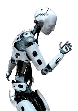 Beyaz arkaplanda izole edilmiş bir erkek robotun 3B görüntülemesi