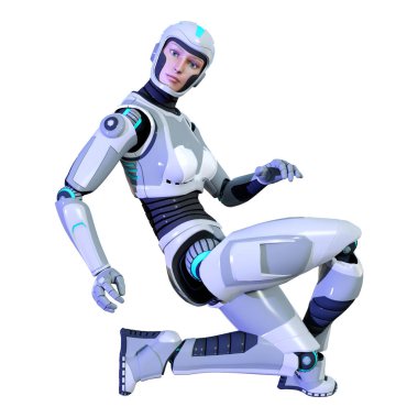 Beyaz arka planda izole edilmiş bir kadın robotun 3 boyutlu canlandırması