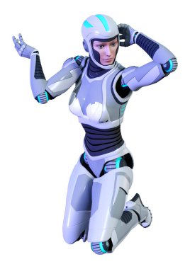 Beyaz arka planda izole edilmiş bir kadın robotun 3 boyutlu canlandırması