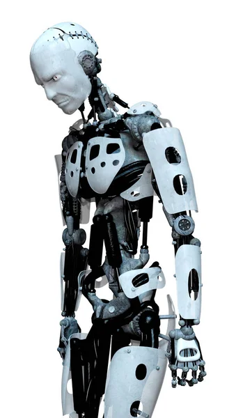 基于白色背景的男性机器人三维绘制 — 图库照片