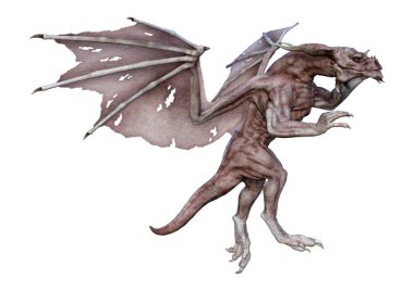 Beyaz arka planda izole edilmiş bir fantezi ejderhanın 3 boyutlu canlandırması