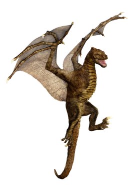 Beyaz arka planda izole edilmiş bir fantezi ejderhanın 3 boyutlu canlandırması