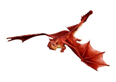 Beyaz arka planda izole edilmiş bir fantezi ejderhanın 3 boyutlu canlandırması