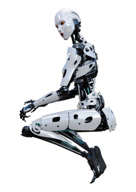 Beyaz arka planda izole edilmiş bir kadın robotun 3 boyutlu canlandırması