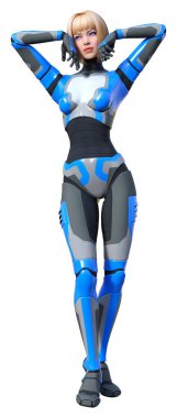 Beyaz arka planda izole edilmiş bir kadın robotun 3 boyutlu canlandırması