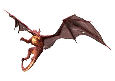 Beyaz arka planda izole edilmiş bir fantezi ejderhanın 3 boyutlu canlandırması