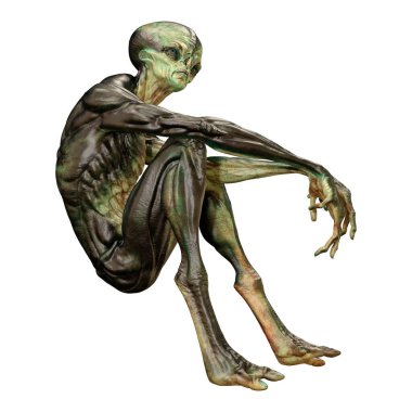 Beyaz arka planda izole edilmiş yeşil bir uzaylının 3 boyutlu görüntüsü