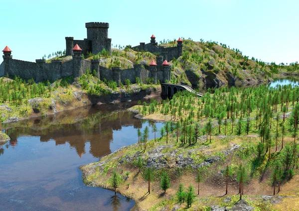 Eski Bir Kaleyle Ortaçağ Manzarasının Boyutlu Canlandırması — Stok fotoğraf
