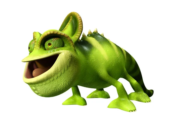 Vykreslení Zeleného Kresleného Chameleonu Izolovaného Bílém Pozadí — Stock fotografie