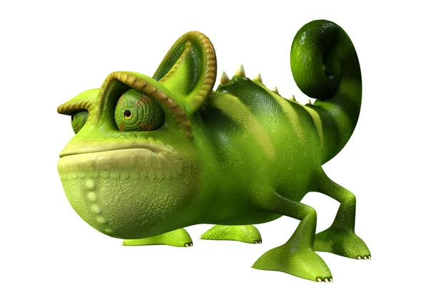 Rendering Green Cartoon Chameleon Isolated White Background — Stock Photo, Image