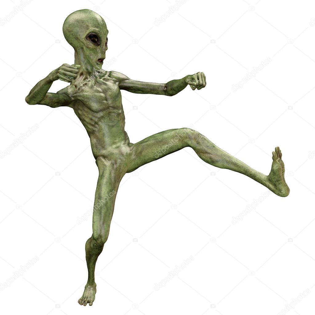 3D rendering of a green alien isolated on white background