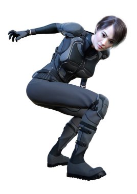 Beyaz arka planda izole edilmiş üç boyutlu bir kadın bilim kurgu savaşçısı kahraman kadın.