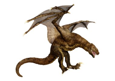 Beyaz arka planda izole edilmiş bir fantezi ejderhanın 3 boyutlu canlandırması