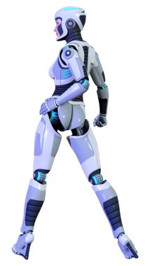 Beyaz arka planda izole edilmiş bir kadın robotun 3 boyutlu canlandırması