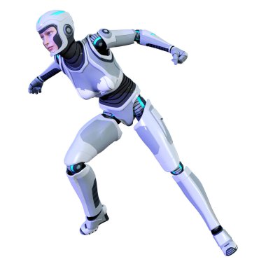 Beyaz arka planda izole edilmiş bir kadın robotun 3 boyutlu canlandırması