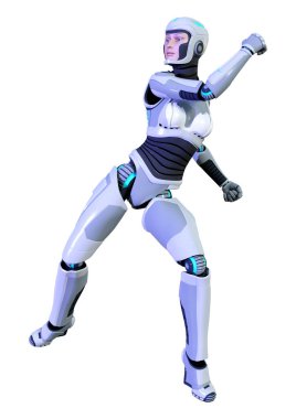 Beyaz arka planda izole edilmiş bir kadın robotun 3 boyutlu canlandırması