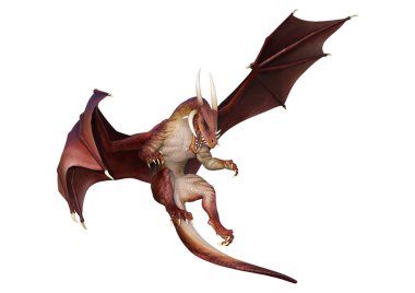 Beyaz arka planda izole edilmiş bir fantezi ejderhanın 3 boyutlu canlandırması