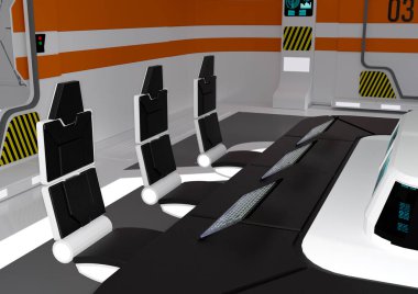 Bir fütürist bilim kurgu kontrol merkezinin 3B görüntülemesi