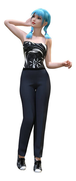 3D rendering of a pretty teenager girl with blue hair isolated on white background