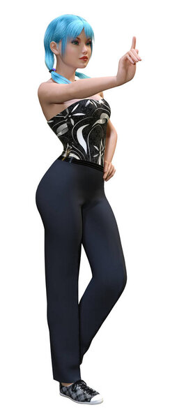 3D rendering of a pretty teenager girl with blue hair isolated on white background