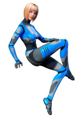 Beyaz arka planda izole edilmiş bir kadın robotun 3 boyutlu canlandırması