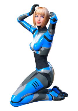 Beyaz arka planda izole edilmiş bir kadın robotun 3 boyutlu canlandırması