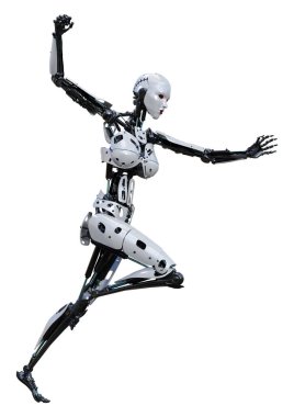 Beyaz arka planda izole edilmiş bir kadın robotun 3 boyutlu canlandırması