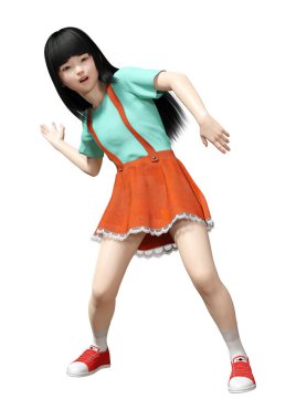 Beyaz arka planda izole edilmiş güzel bir Asyalı kızın 3 boyutlu görüntüsü.