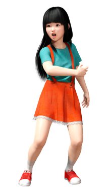 Beyaz arka planda izole edilmiş güzel bir Asyalı kızın 3 boyutlu görüntüsü.