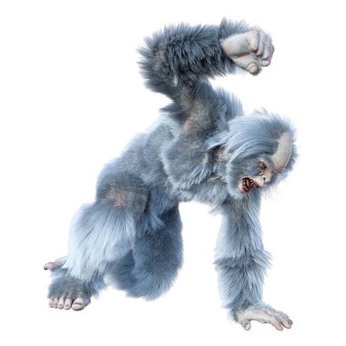 Yeti 'nin beyaz arka planda izole ettiği 3 boyutlu bir fantezi yaratığı.