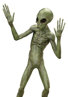 Beyaz arka planda izole edilmiş yeşil bir uzaylının 3 boyutlu görüntüsü