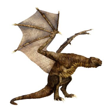 Beyaz arka planda izole edilmiş bir fantezi ejderhanın 3 boyutlu canlandırması