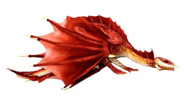 Beyaz arka planda izole edilmiş bir fantezi ejderhanın 3 boyutlu canlandırması