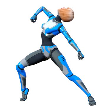 Beyaz arka planda izole edilmiş bir kadın robotun 3 boyutlu canlandırması