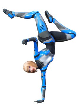 Beyaz arka planda izole edilmiş bir kadın robotun 3 boyutlu canlandırması